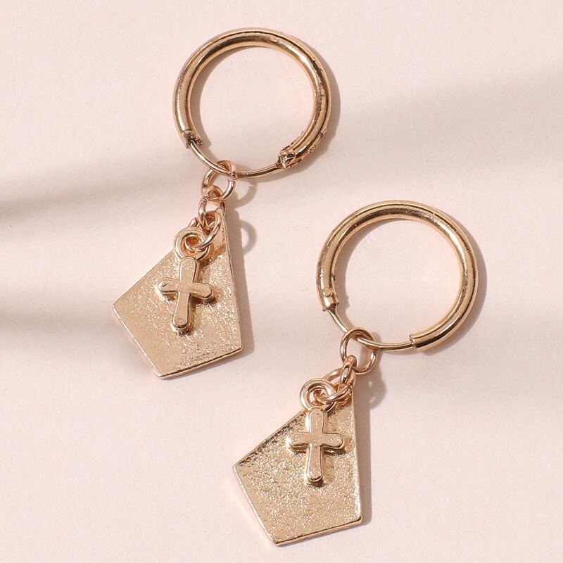 

Cross Design Hoop Drop Earrings, Gold