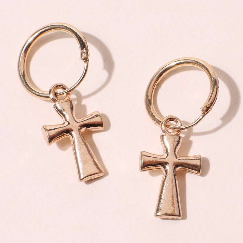 

Cross Design Hoop Drop Earrings, Gold