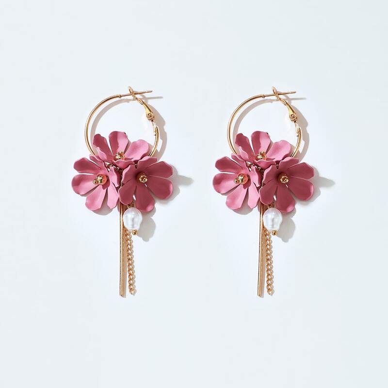 

Flower Design Drop Earrings, Pink