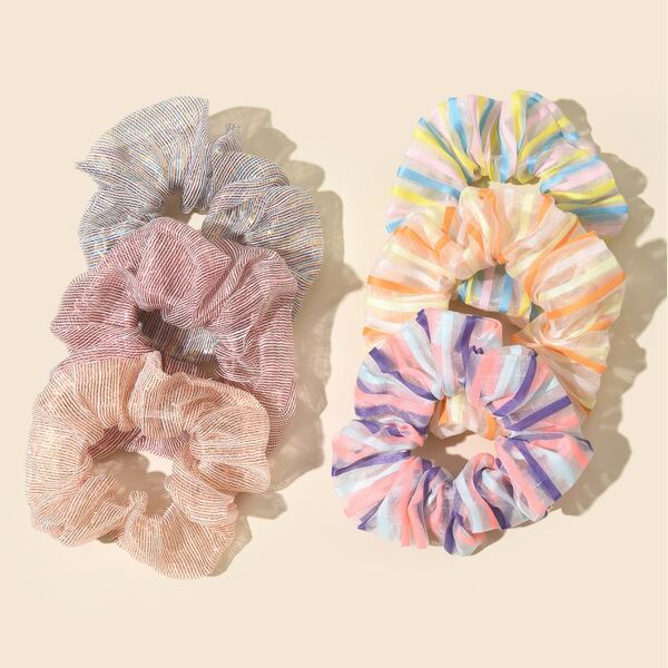 

6pcs Striped Pattern Mesh Scrunchie, Multicolor