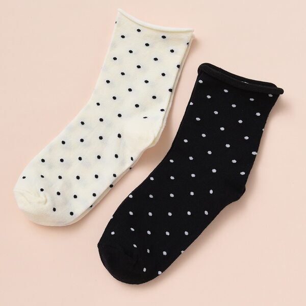 

2pairs Polka Dot Pattern Socks, Black and white