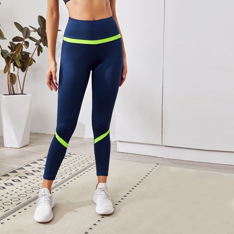 

Contrast Trim Wide Waistband Sports Leggings, Navy blue