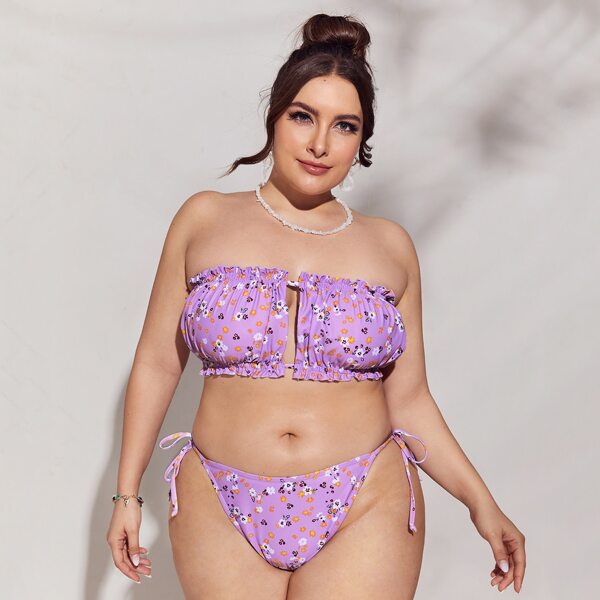 

Plus Ditsy Floral Bandeau Tie Side Bikini Swimsuit, Lilac purple