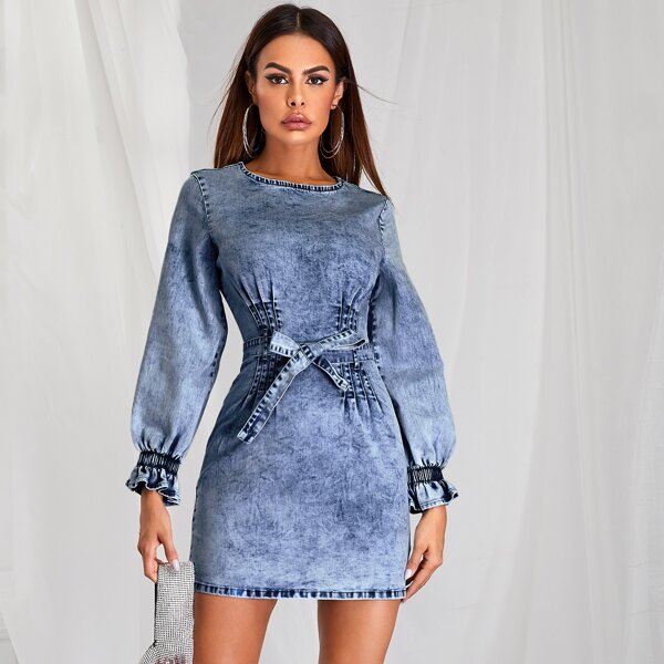 

Fold Pleat Belted Lantern Sleeve Denim Dress, Medium wash
