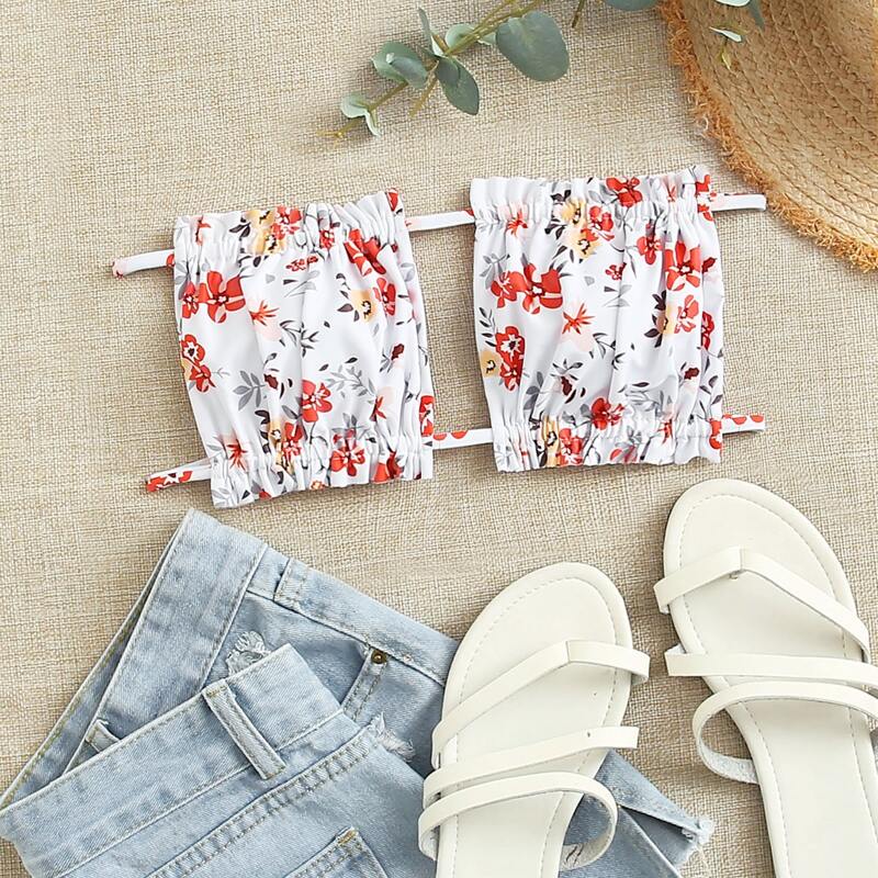 

Floral Ruched Frill Bandeau Bikini Top, Multicolor