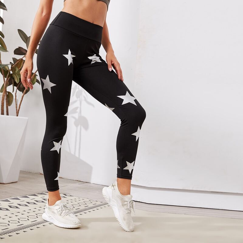 

Star Print Wideband Waist Sports Leggings, Black