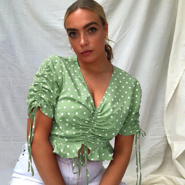 

Plus Drawstring Front and Sleeve Polka Dot Peplum Top, Lime green