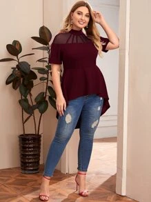SHEIN Privé Plus Mock-neck Mesh Yoke Dip Hem Peplum Top Without Belt - Maroon - View 3