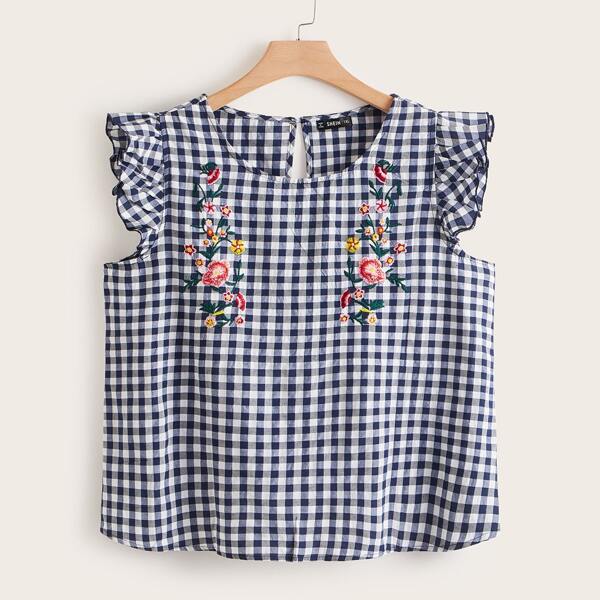 

Plus Ruffle Armhole Flower Embroidered Gingham Top, Blue and white