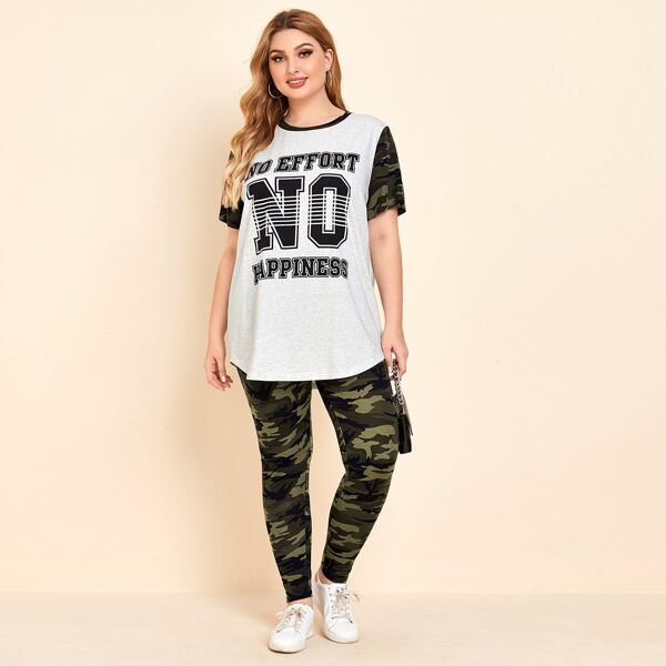 

Plus Letter Graphic Curved Hem Top & Camo Leggings Set, Multicolor