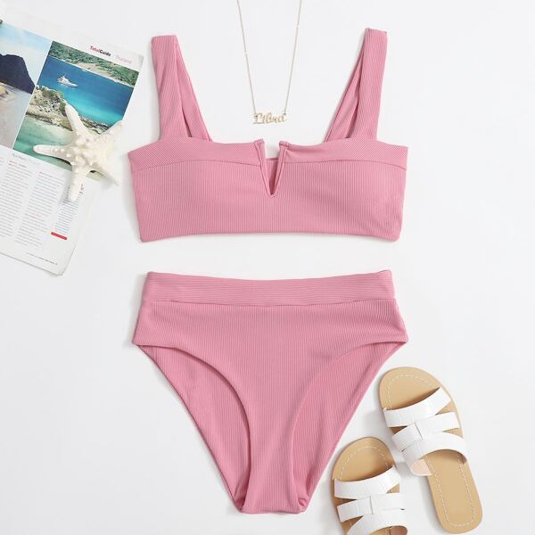 

Rib V Wired High Waisted Bikini Swimsuit, Pink pastel
