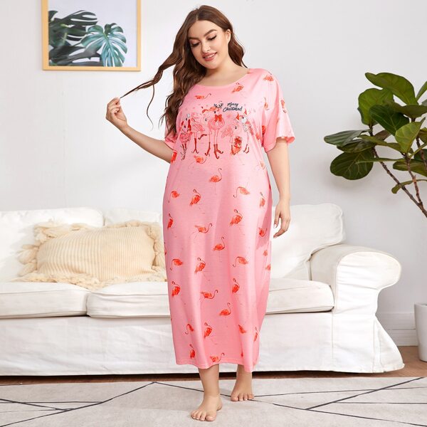 

Plus Christmas And Flamingo Print Nightdress, Baby pink