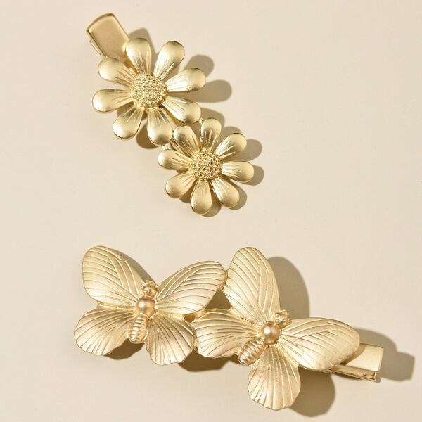 

2pcs Metal Flower Hair Clip, Gold