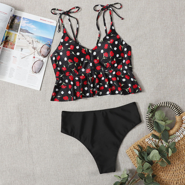 

Floral Tie Shoulder Ruffle Hem Bikini Swimsuit, Black