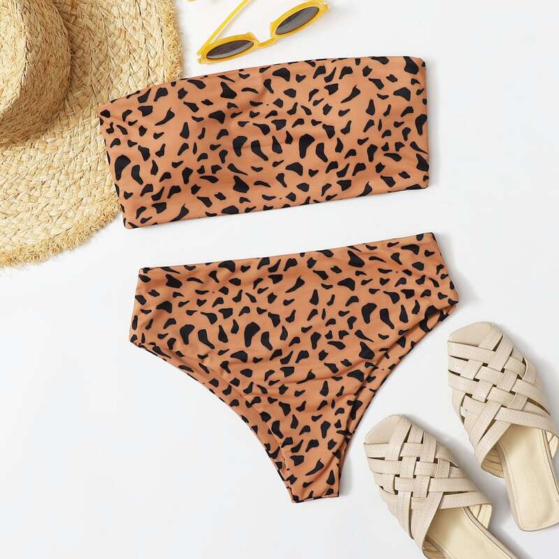

Allover Print Bandeau Bikini Swimsuit, Brown