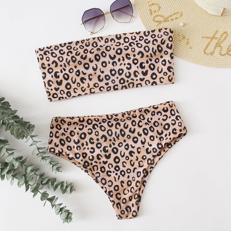 

Leopard Bandeau High Waisted Bikini Swimsuit, Multicolor