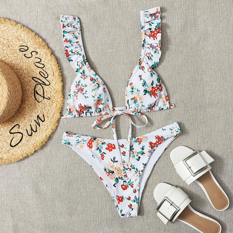 

Floral Ruffle Triangle Bikini Swimsuit, Multicolor