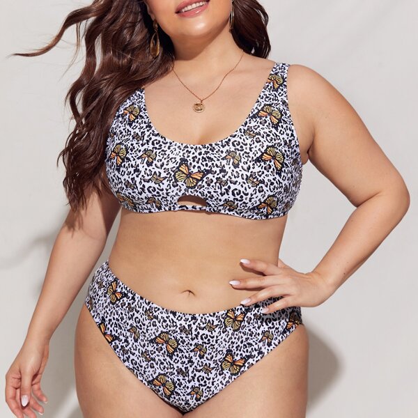 

Plus Butterfly Print Cut-out Bikini Swimsuit, Multicolor
