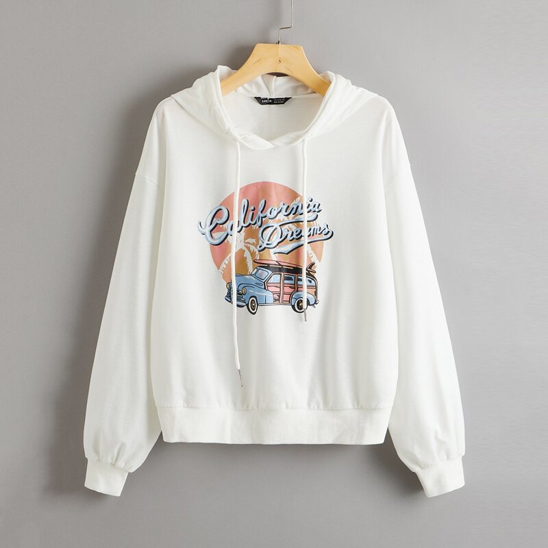 

Letter and Car Print Drop Shoulder Hoodie, White