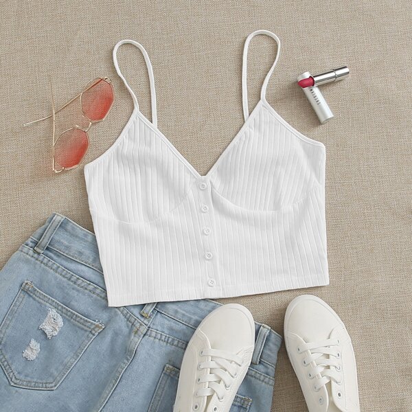 

Button Front Rib-knit Cami Top, White