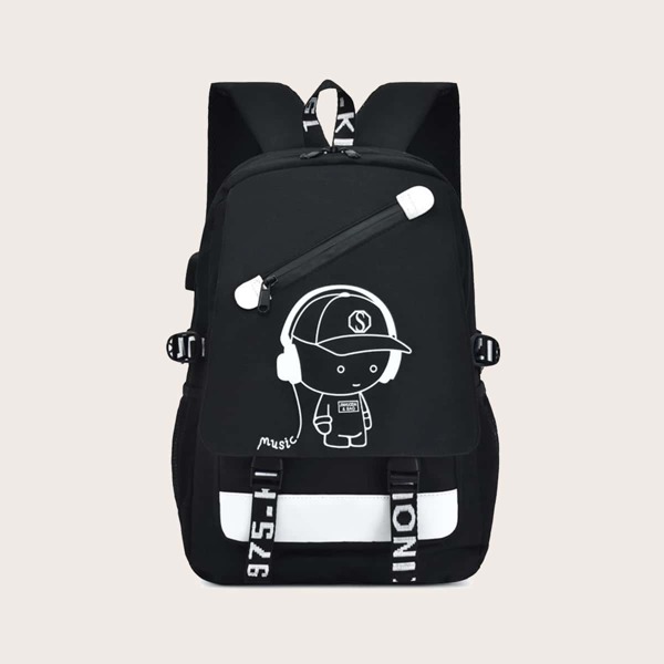 

Men Cartoon Graphic Large Capacity Backpack, Black