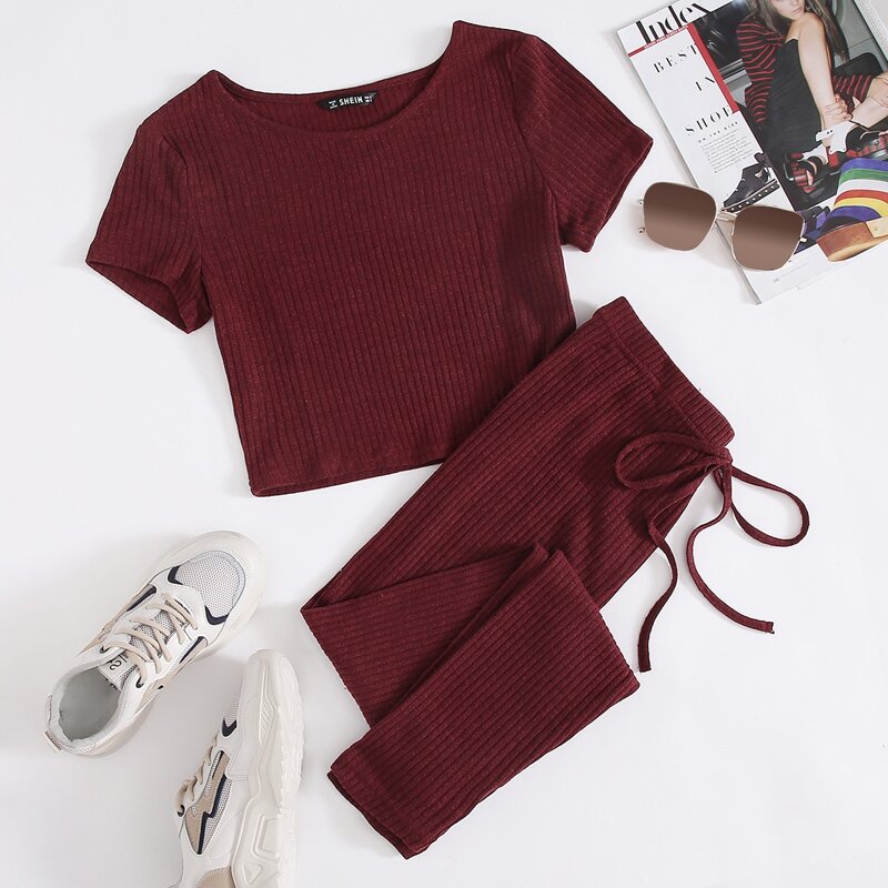 

Solid Rib-knit Tee and Tie Front Leggings Set, Maroon
