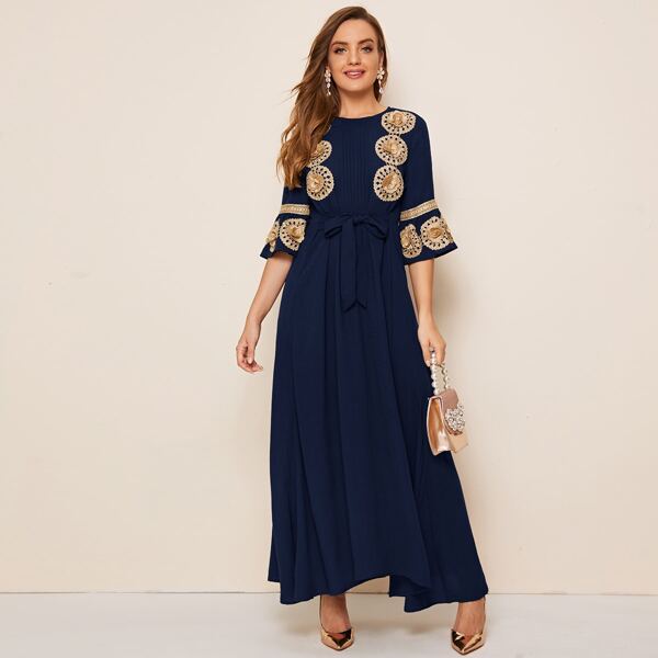 

Pleated Front Embroidered Applique Detail Belted Dress, Navy blue