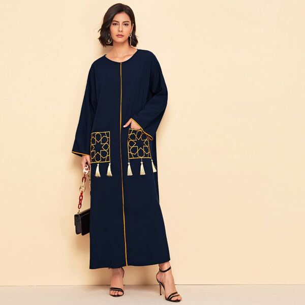

Batwing Sleeve Embroidery Pocket Front Tassel Trim Dress, Navy blue