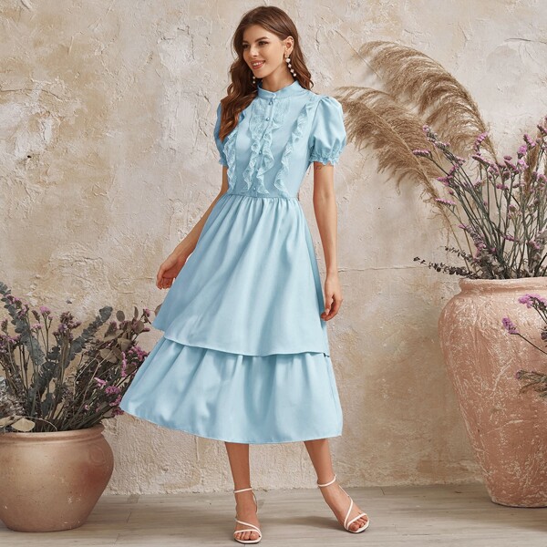

Lace Ruffle Trim Puff Sleeve Double Layered Hem Shirt Dress, Pastel baby blue