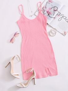 SHEIN EZwear Rib-knit Split Hem Slip Dress - Baby Pink - View 1