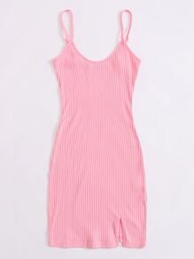 SHEIN EZwear Rib-knit Split Hem Slip Dress - Baby Pink - View 4
