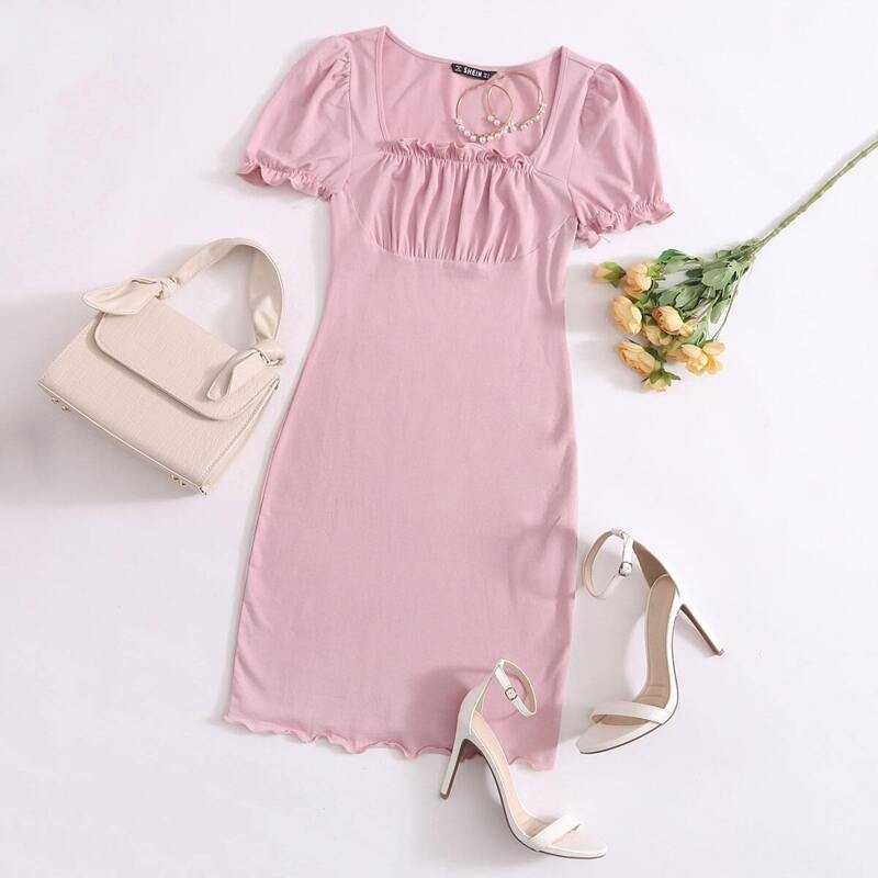 

Frill Trim Ruched Bust Dress, Pastel baby pink