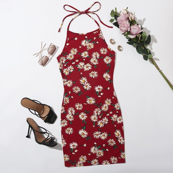 

Tie Back Daisy Floral Halter Dress, Burgundy