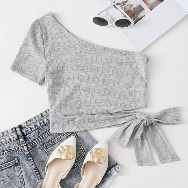 

One Shoulder Tie Side Rib-knit Top, Grey