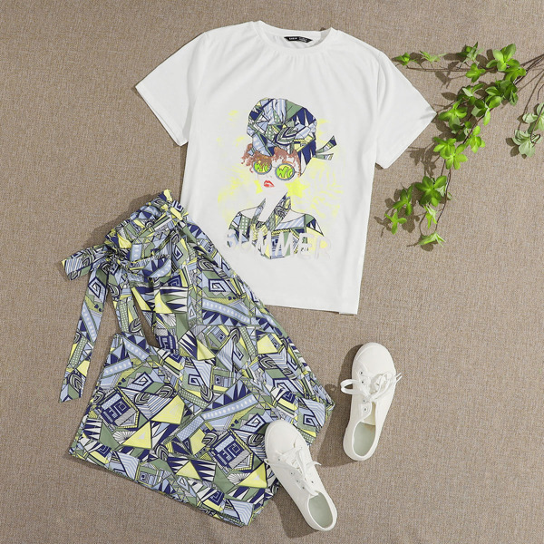 

Letter and Figure Tee and Paperbag Waist Tribal Pants Set, Multicolor