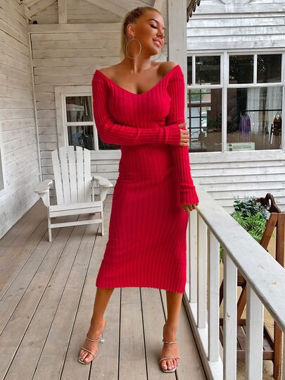 Joyfunear Women's Festive Bright V-Neck Ribbed Knit Sexy Bodycon Dress