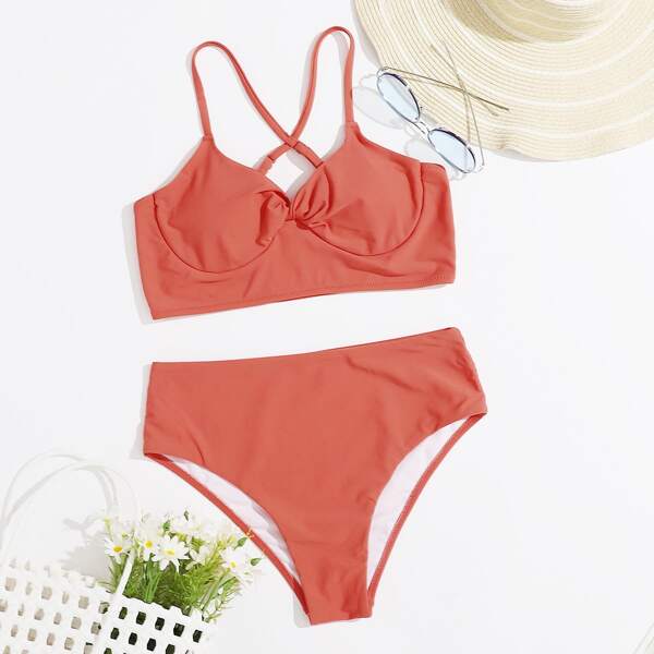 

Twist Underwire High Waisted Bikini Swimsuit, Coral orange