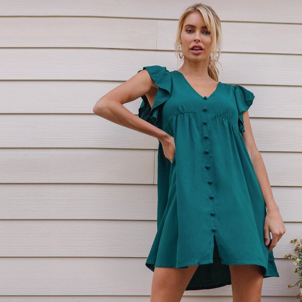 

Ruffle Armhole Buttoned Front Smock Dress, Green