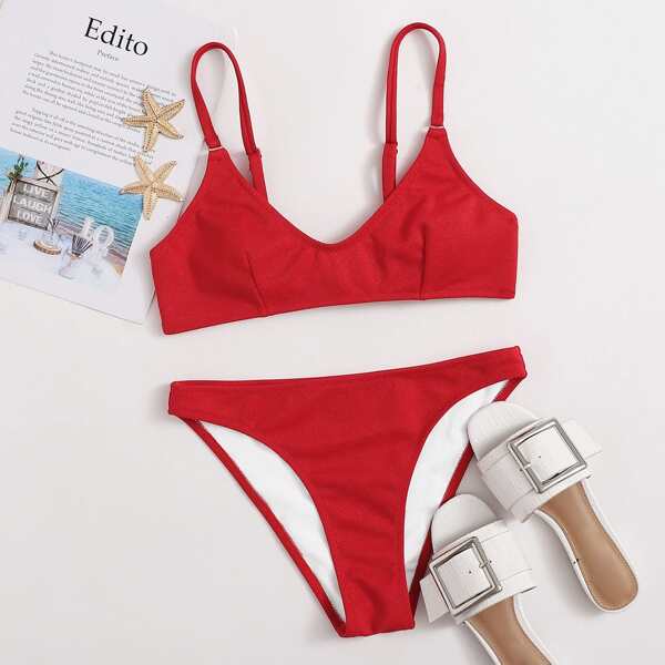 

Plain Knot Back Bikini Swimsuit, Red
