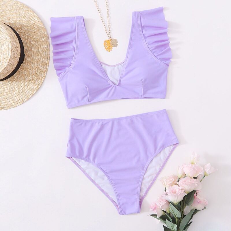 

Ruffle Trim High Waisted Bikini Swimsuit, Pastel lilac purple