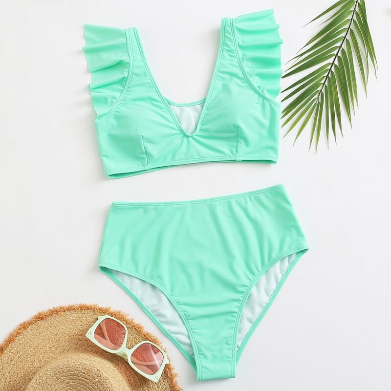 

Ruffle Trim High Waisted Bikini Swimsuit, Bright mint green