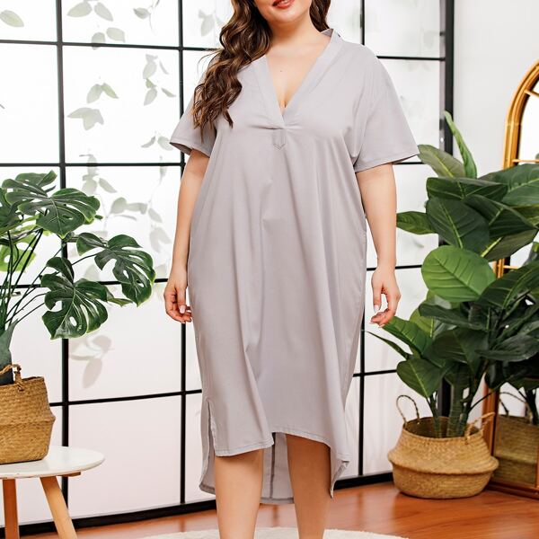 

Plus Deep V-neck High Low Hem Nightdress, Grey