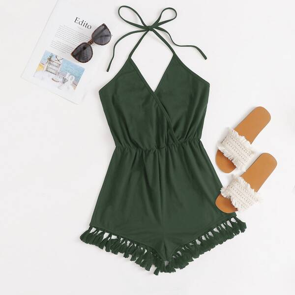 

Tie Back Tassel Hem Halter Romper, Dark green