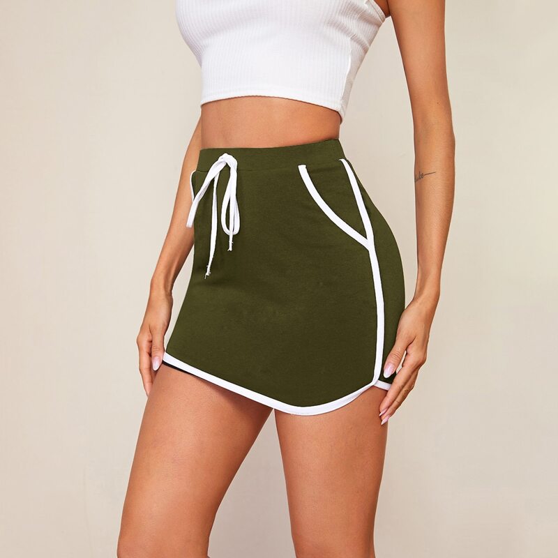 

Tie Waist Contrast Binding Skirt, Army green