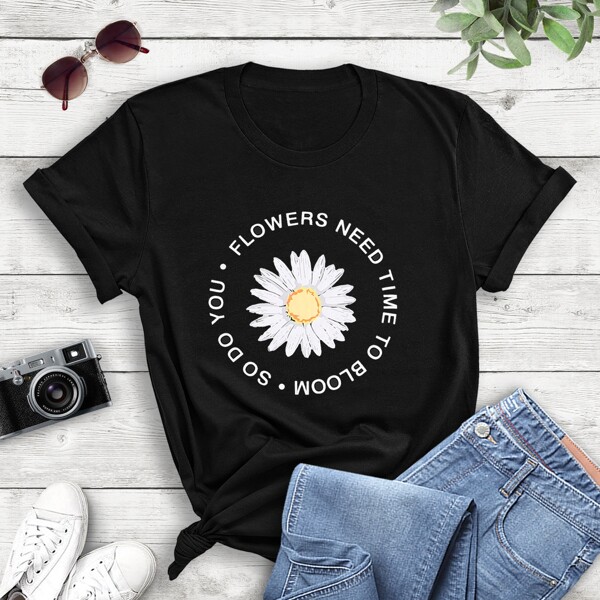 

Slogan & Floral Print Tee, Black