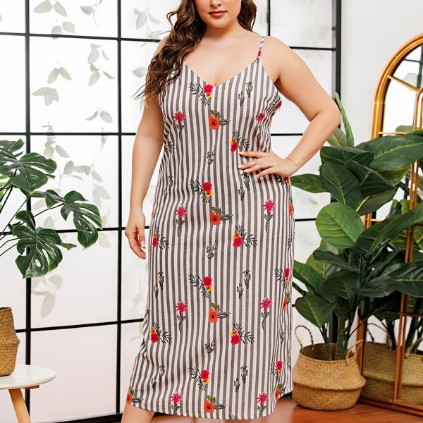 

Plus Floral & Stripe Print Slip Dress, Multicolor