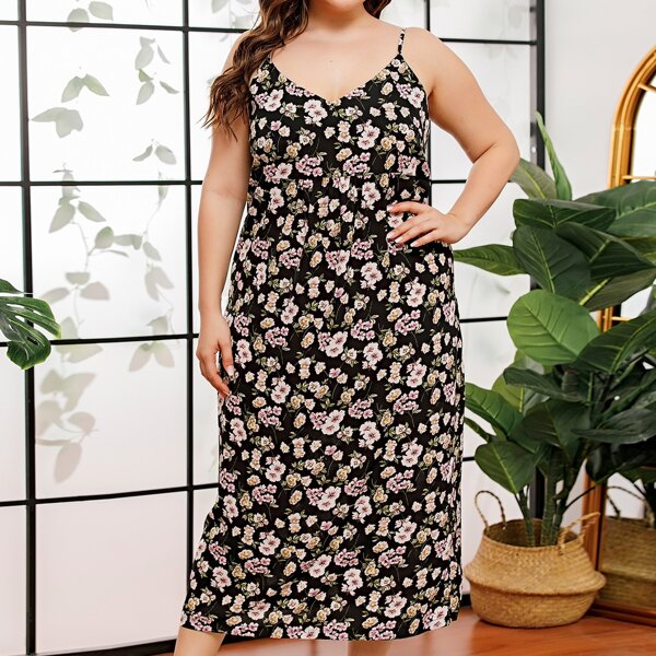

Plus Floral Print Slip Dress, Black