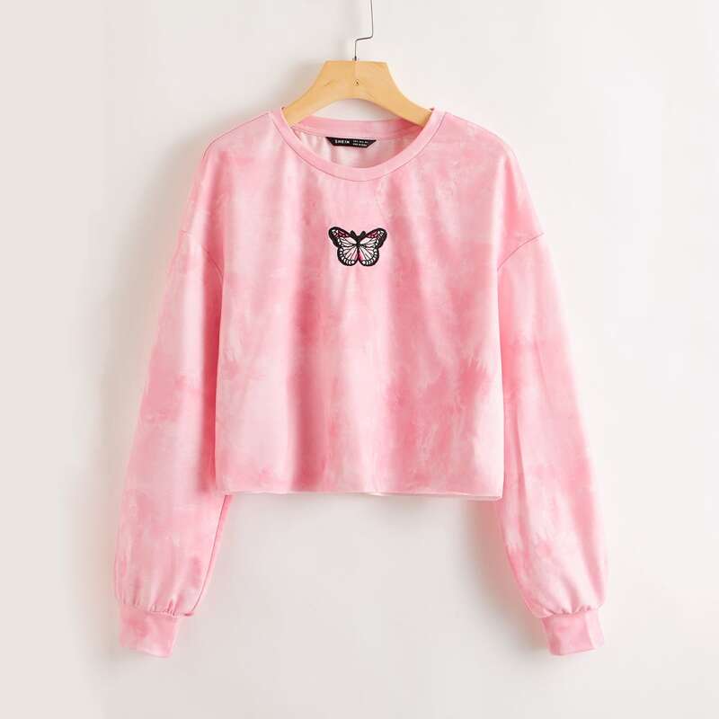 

Drop Shoulder Butterfly Embroidered Tie Dye Pullover, Pink