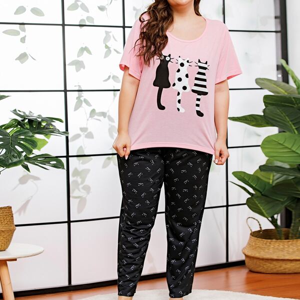 

Plus Cartoon Cat Print PJ Set, Multicolor