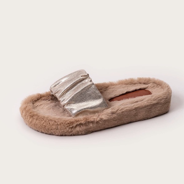 

Open Toe Fluffy Slippers, Brown